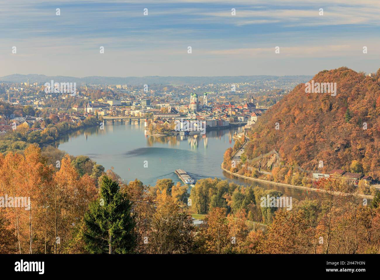 Scenic view on Passau at the Danube river in autumn Stock Photo