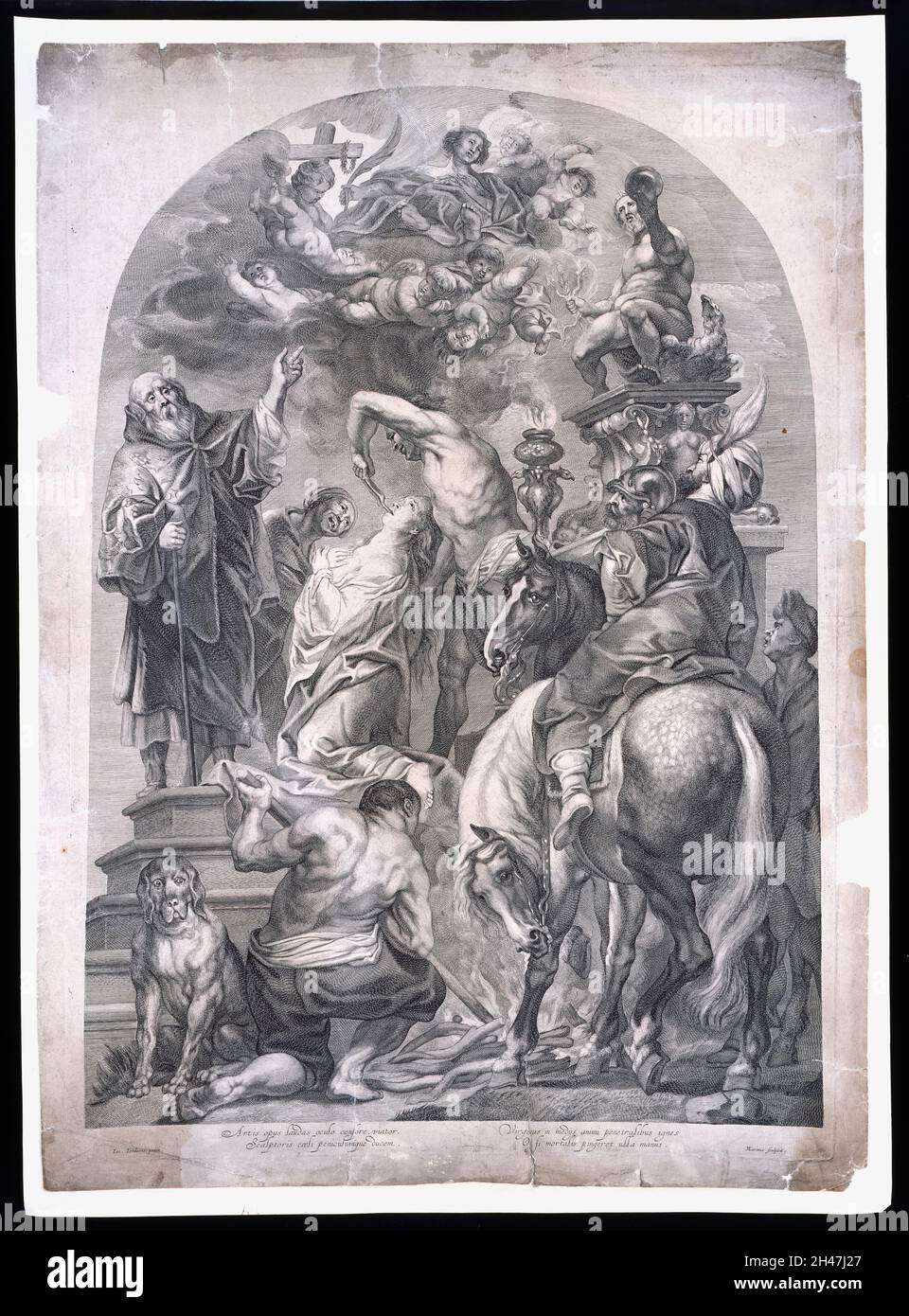 The martyrdom of Saint Apollonia. Engraving by Marinus van der Goes, 163-, after Jacob Jordaens, 1628. Stock Photo