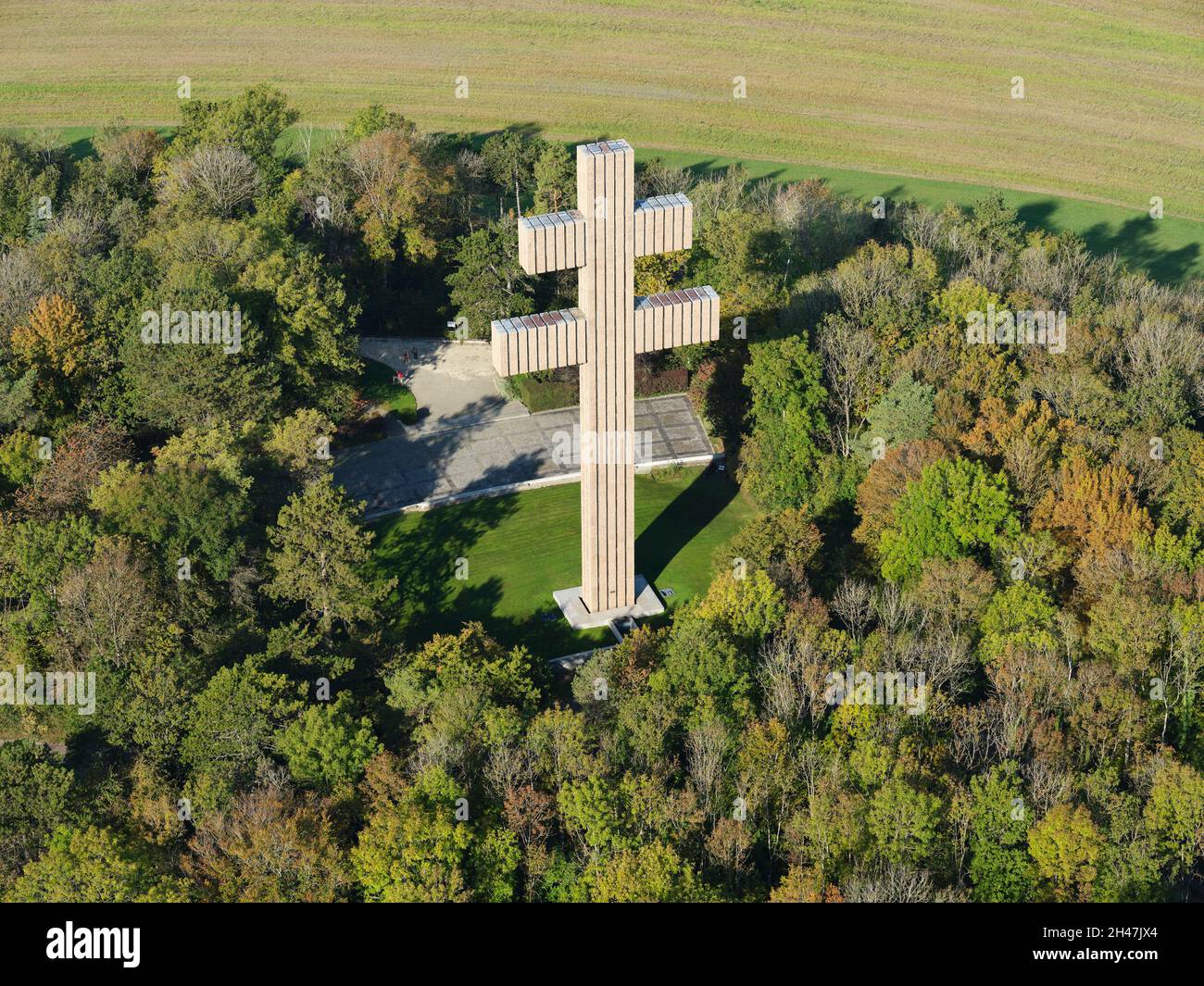 AERIAL VIEW. 44-meter-high Cross of Lorraine. Colombey-les-deux-Églises, Haute-Marne, Grand Est, France. Stock Photo