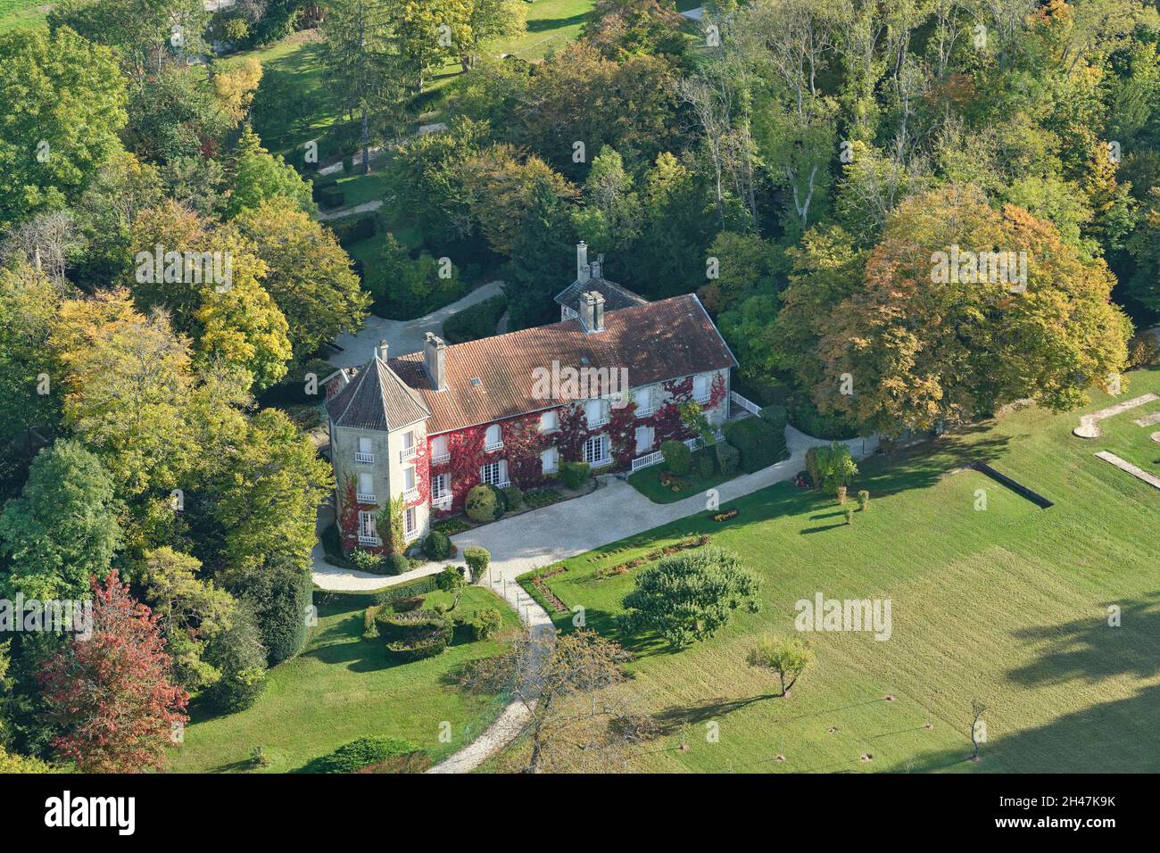 AERIAL VIEW. La Boisserie: home of former French President Charles De Gaulle. Colombey-les-deux-Églises, Haute-Marne, Grand Est, France. Stock Photo