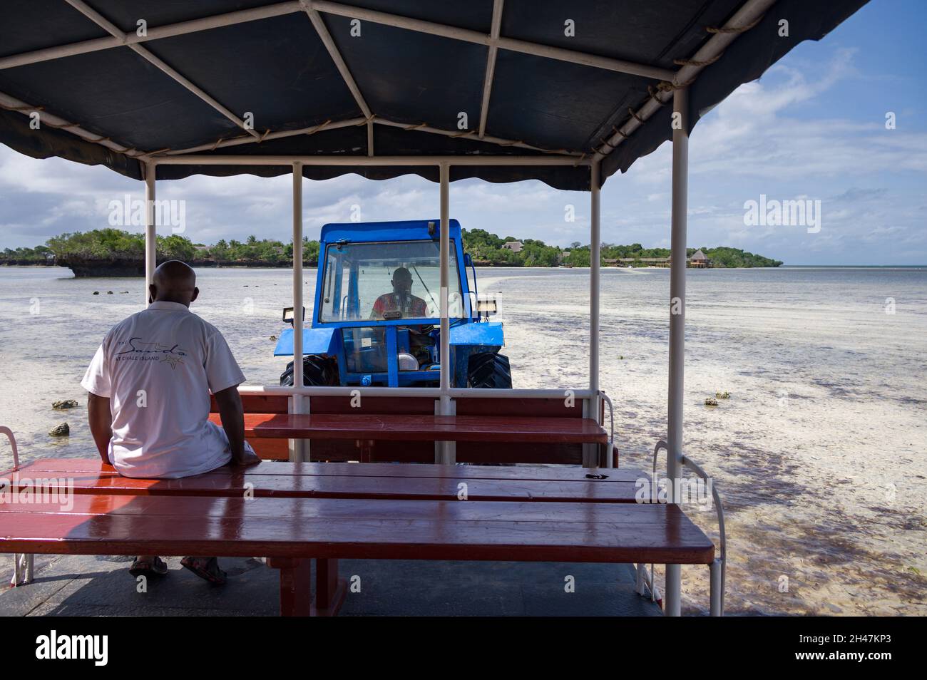 A tractor ferry pulling a covered wagon with guests across exposed sea bed at low tide, Chale Island, Kenya Stock Photo