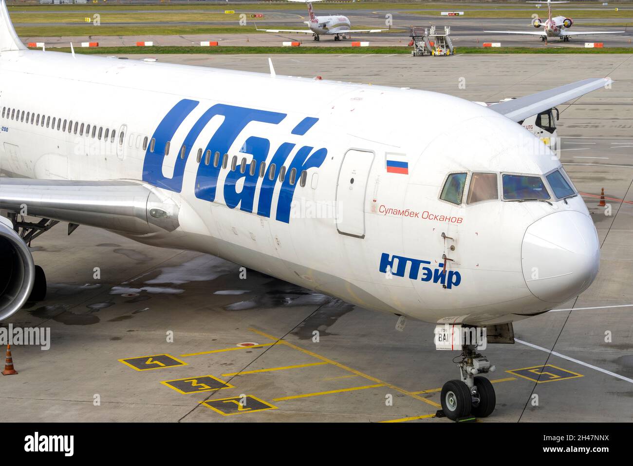 MOSCOW - OCT 19: Close-up of airplane with Utair airlines in Moscow, October 19. 2021 in Russia. Utair is famous Russian airline. Stock Photo