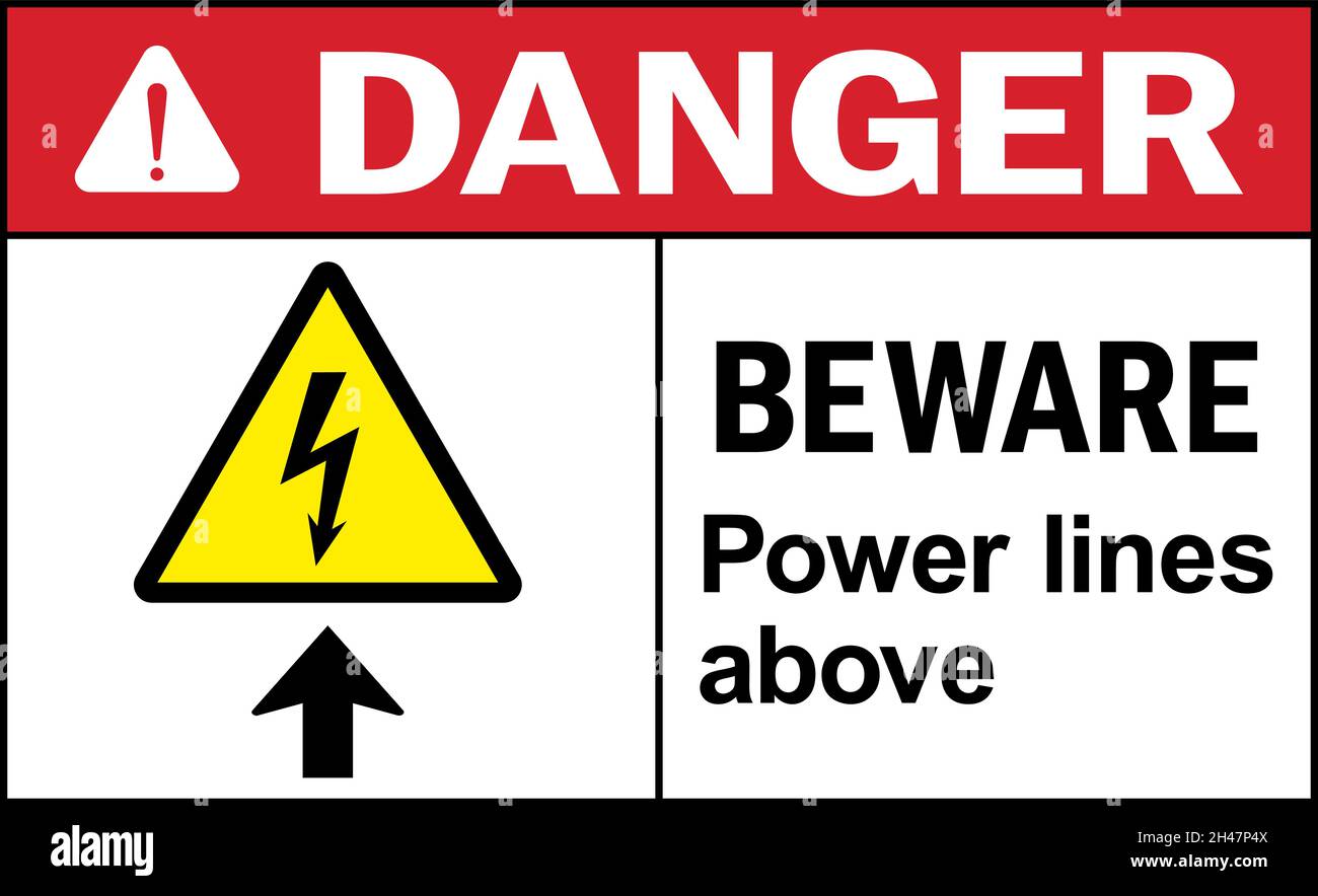 Beware power lines above danger sign. Electrical safety signs and symbols. Stock Vector