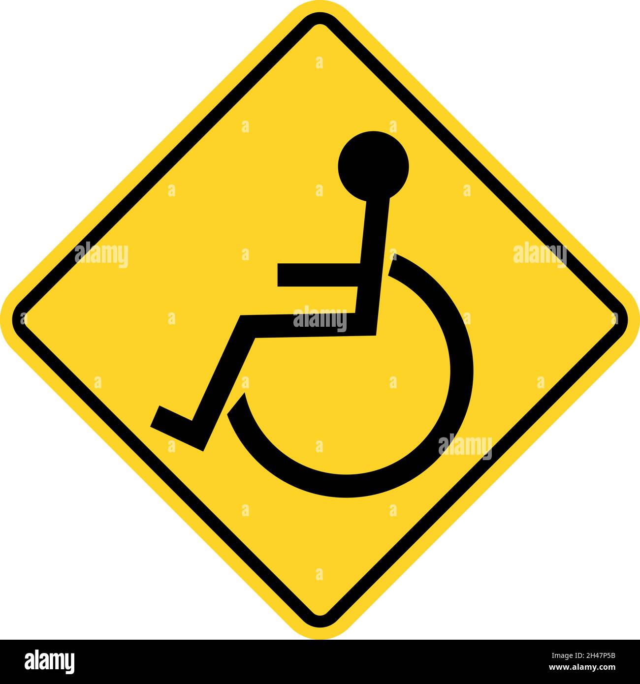 Wheel chair handicapped warning sign. Yellow diamond background. Traffic signs and symbols. Stock Vector