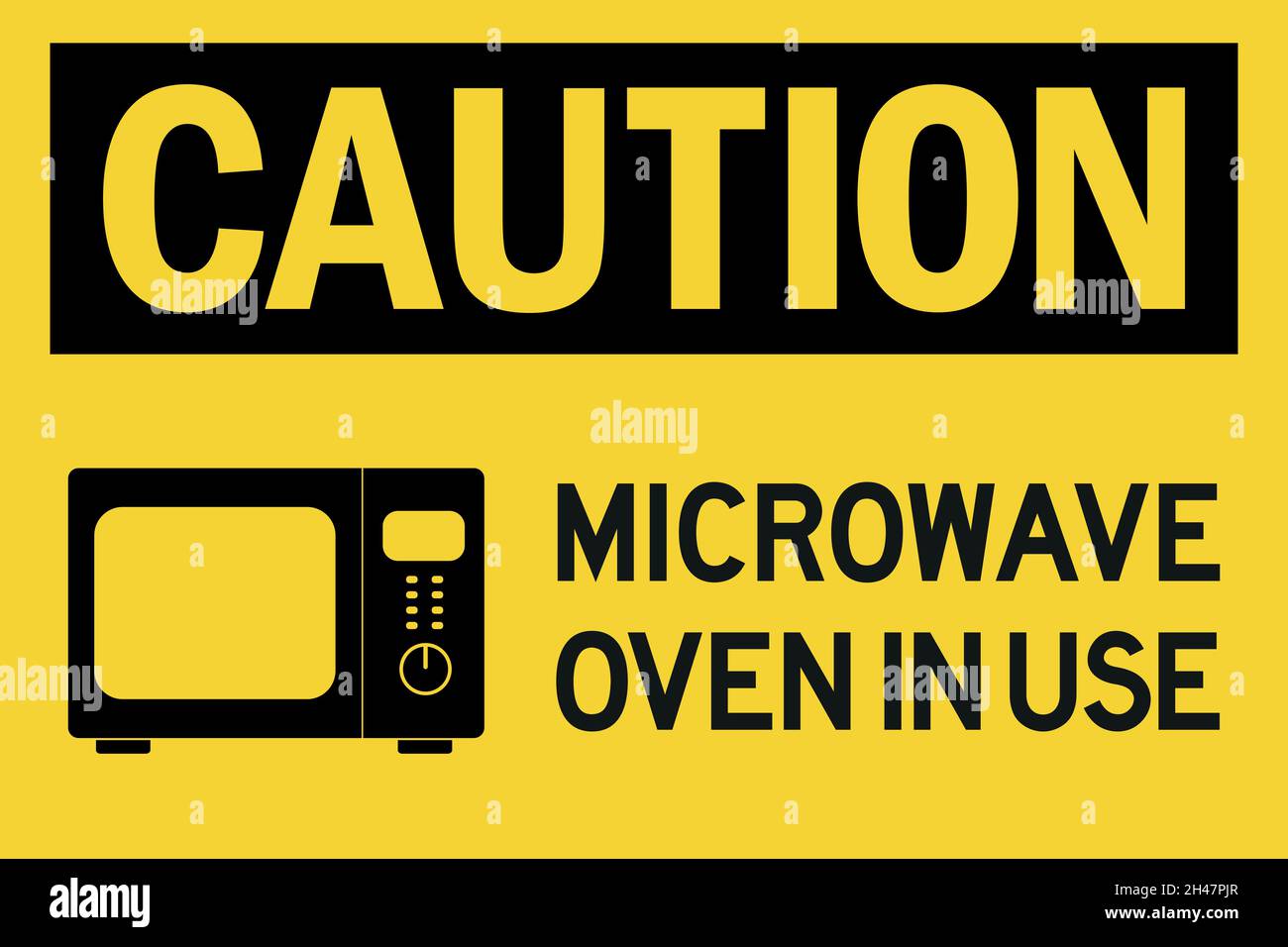 Microwave oven in use caution sign. Black on yellow background. Safety signs and symbols Stock