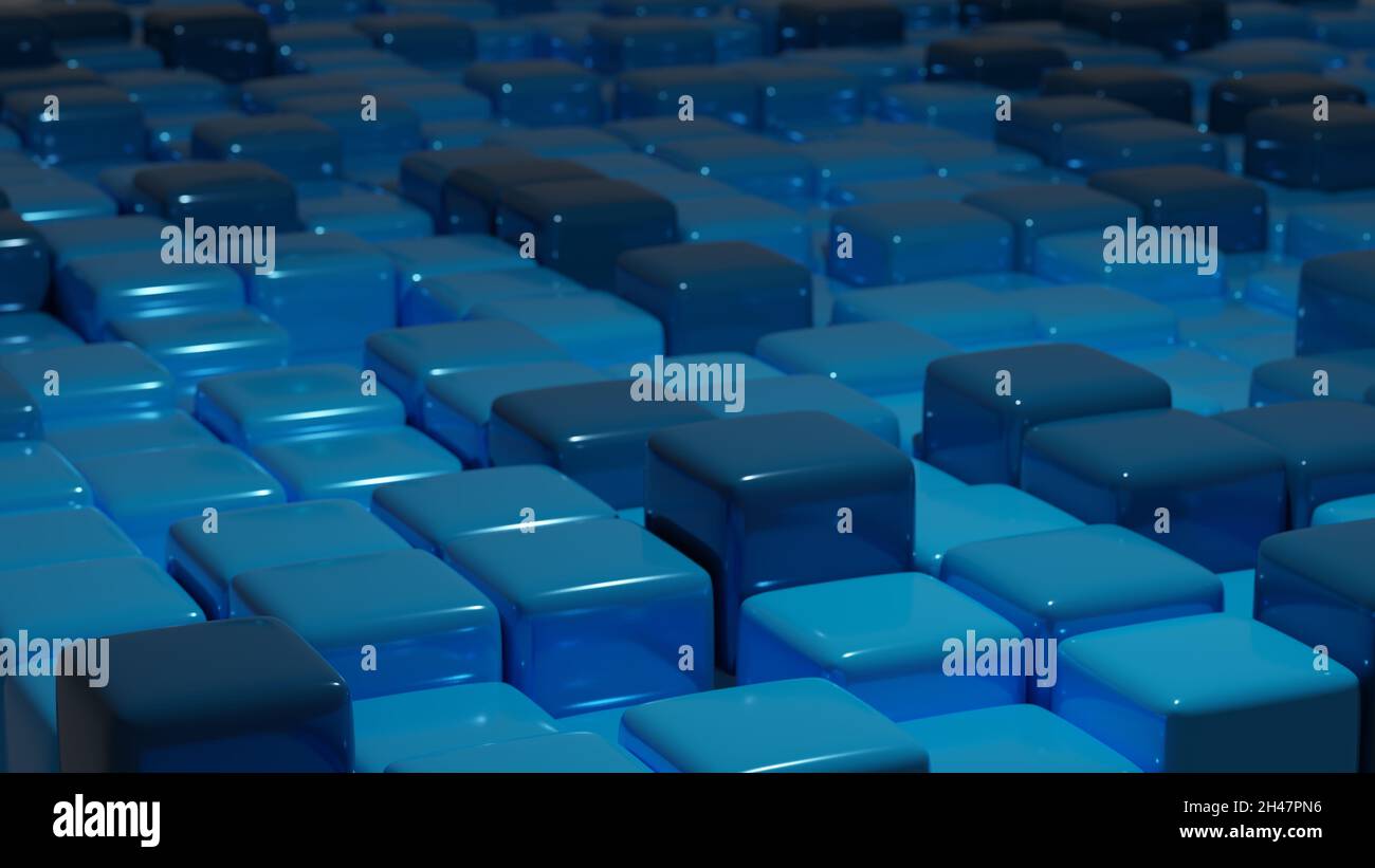 Abstract background with blue colored cubes, metal material, closeup ...