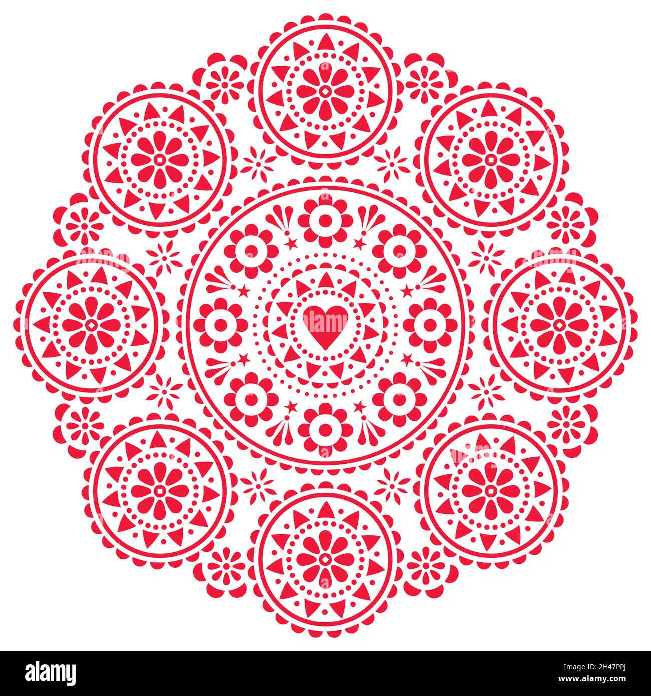 Scandinavian folk style vector decorative mandala pattern with flowers and hearts, Valentine's Day greeting card or wedding invitation design Stock Vector