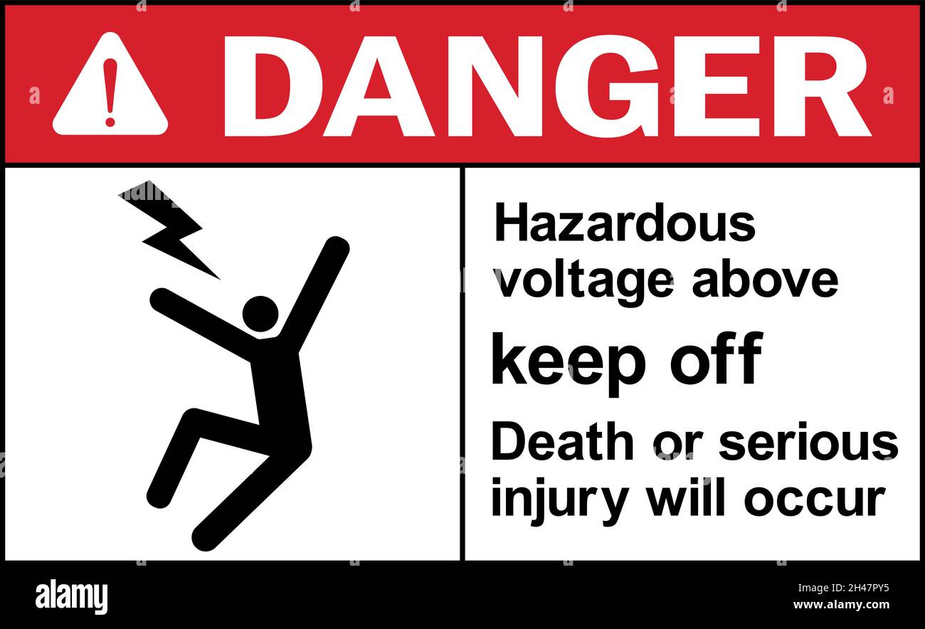 Hazardous voltage above keep off. Death or serious injury may occur danger sign. Electrical safety signs and symbols. Stock Vector