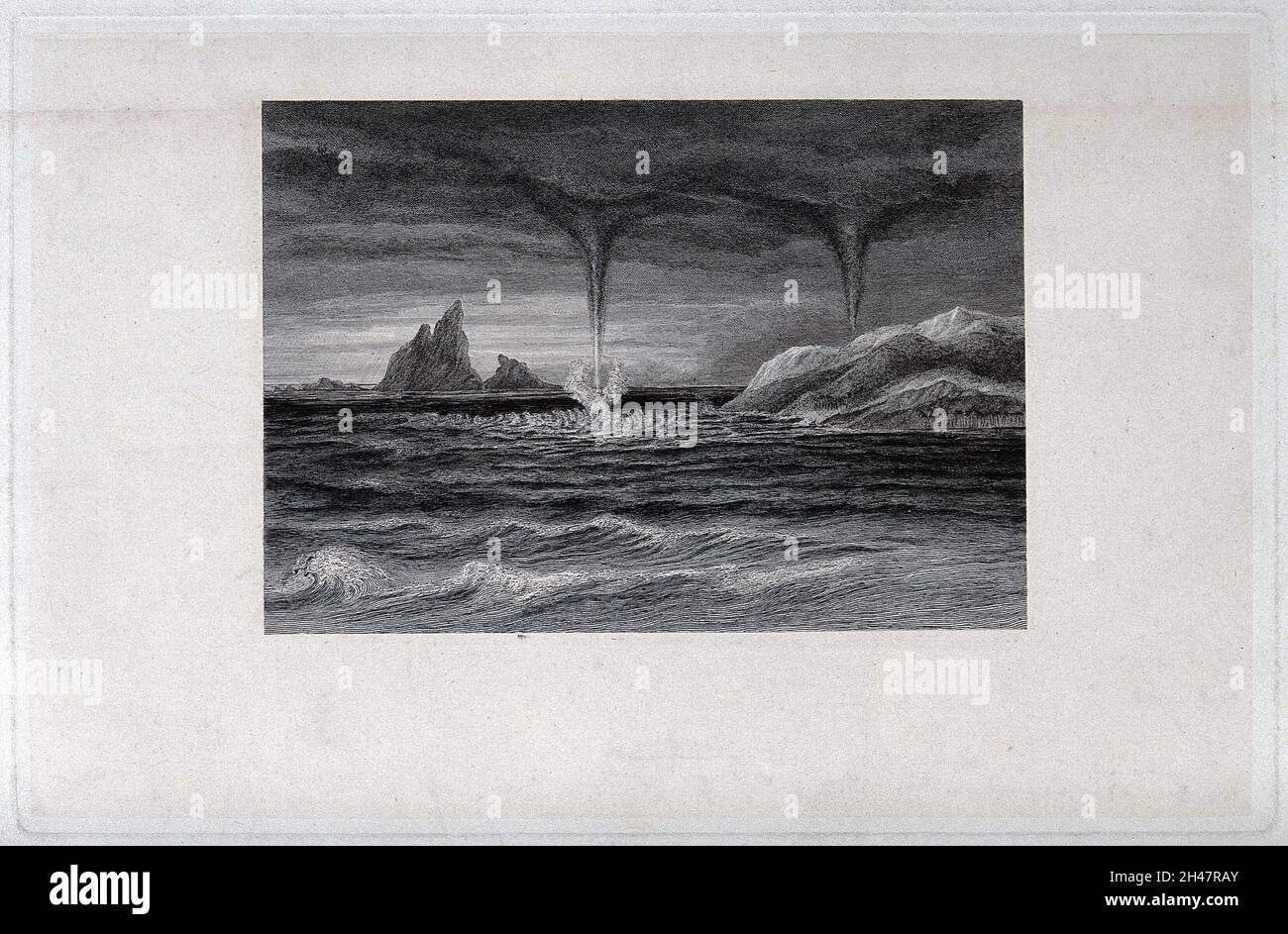 Geography water spouts at sea. Engraving Stock Photo Alamy