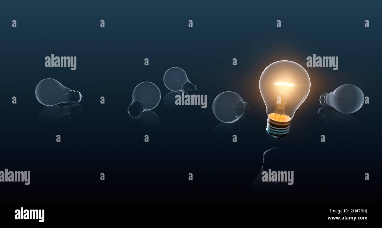 One glowing light bulb amongst the others unlit bulbs - 3D Rendering Stock Photo