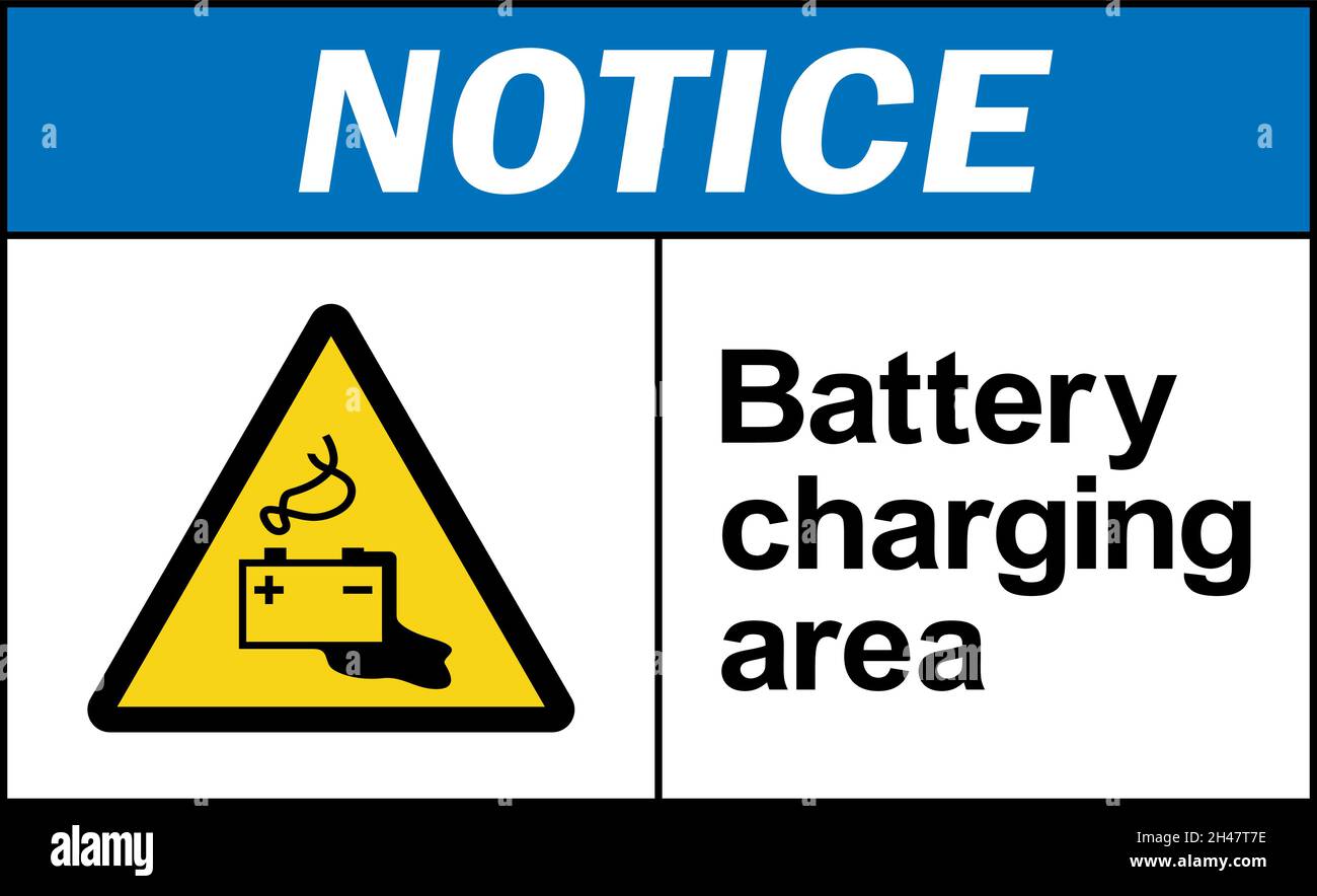 Battery charging area notice sign. Safety signs and symbols. Stock Vector