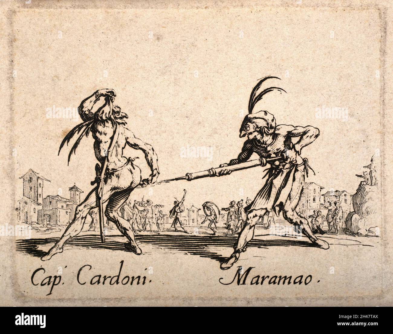 Two Commedia dell'arte street entertainers using a clyster as part of their performance. Etching after J. Callot. Stock Photo