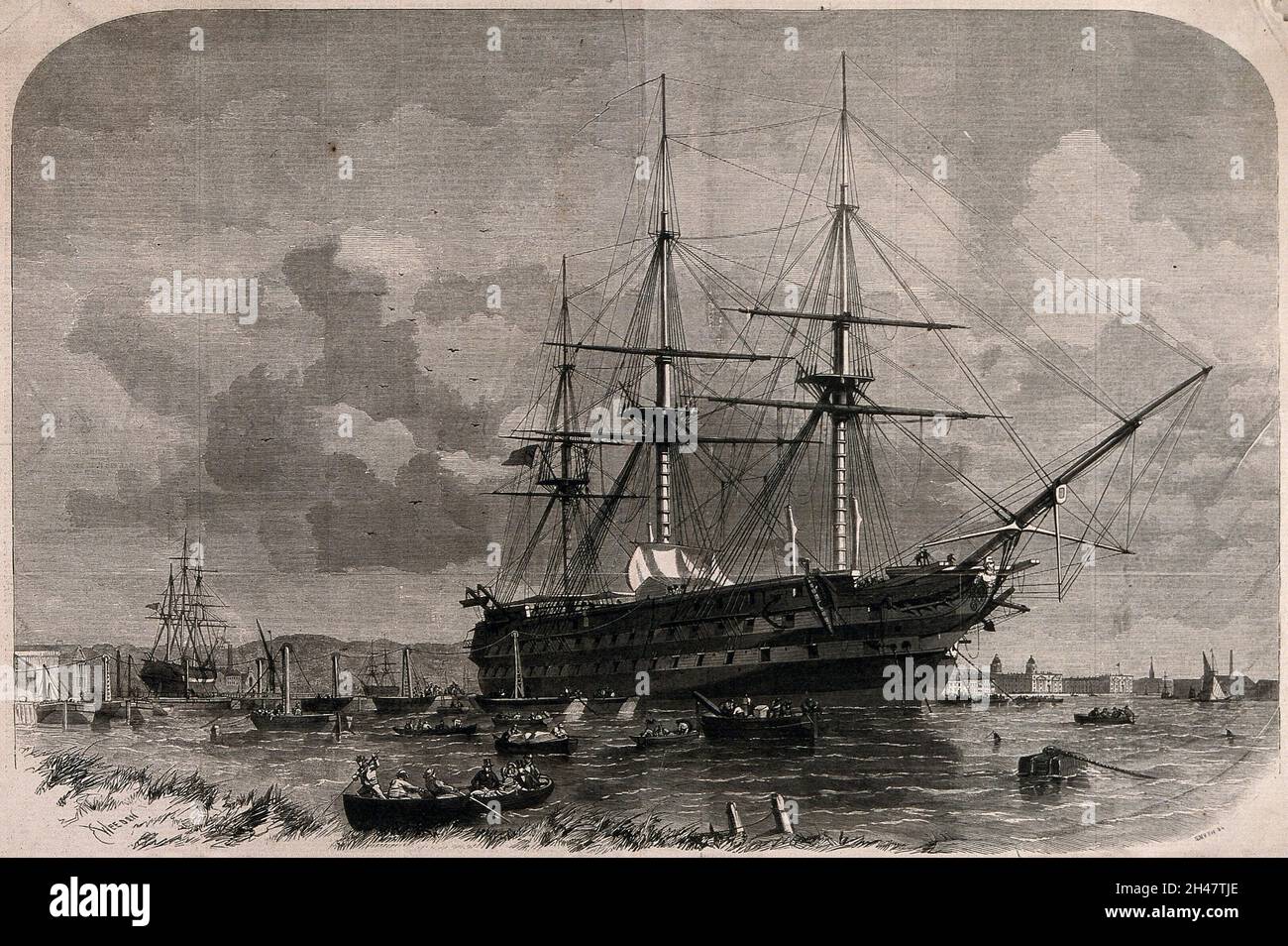 The ship Agamemnon at anchor off Greenwich before setting off to lay the  telegraph cable across the Atlantic from Ireland to Canada. Wood engraving  by F.J. Smyth, 1857, after E. Weedon Stock