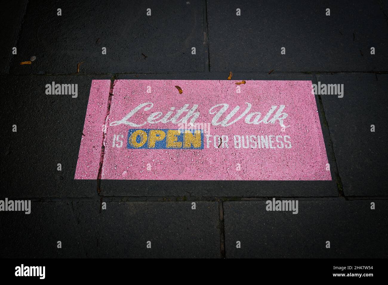 Signage on the pavement for Leith Walk. It is one of the longest streets in Edinburgh, Scotland, United Kingdom. Stock Photo