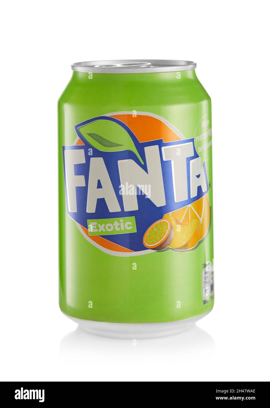 LONDON,UK - OCTOBER 21, 2021 : Aluminium can of Fanta Exotic Flavored soda soft  drink on white. Stock Photo