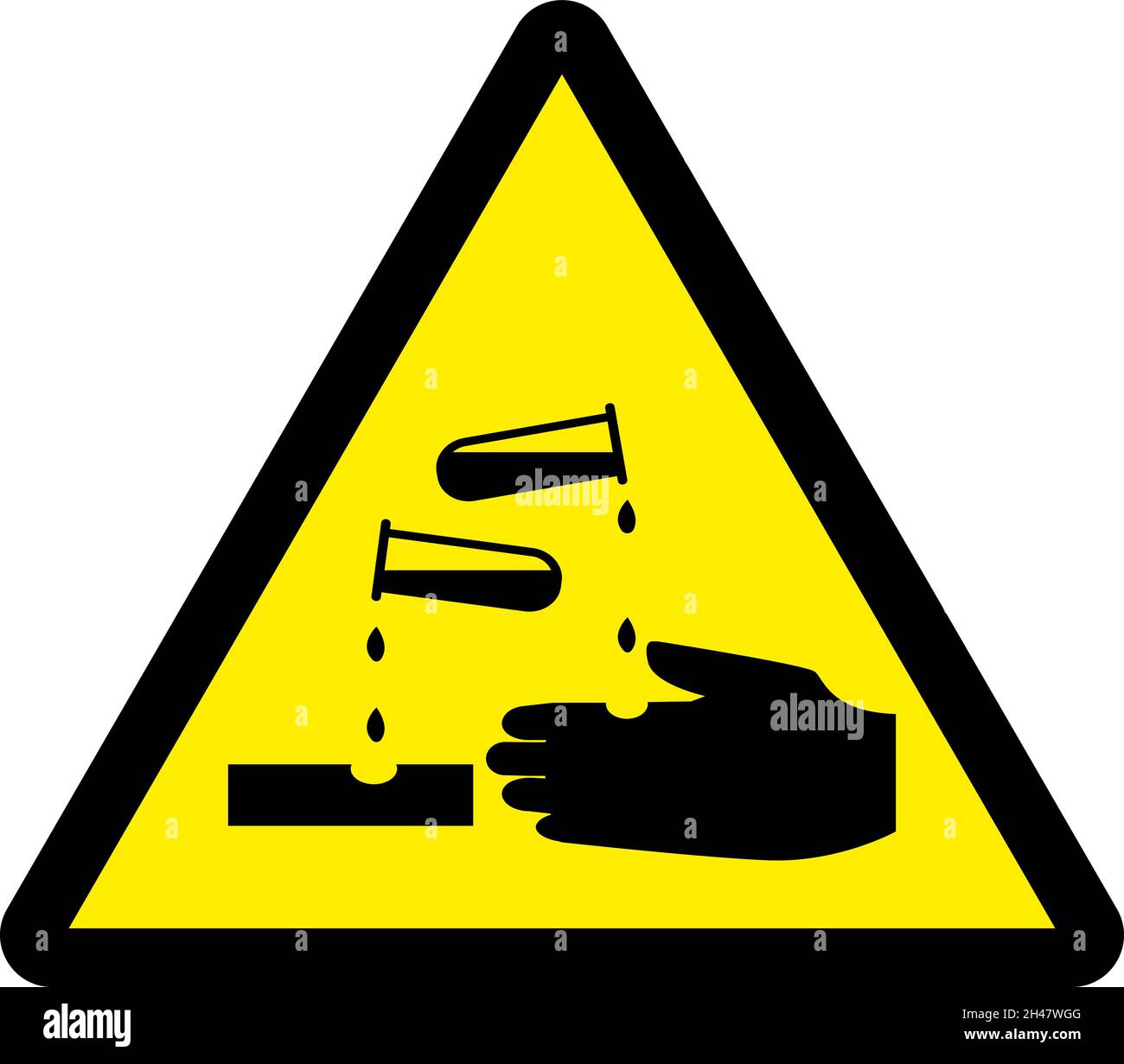 Corrosive warning sign. Black on yellow triangle background. Hazardous