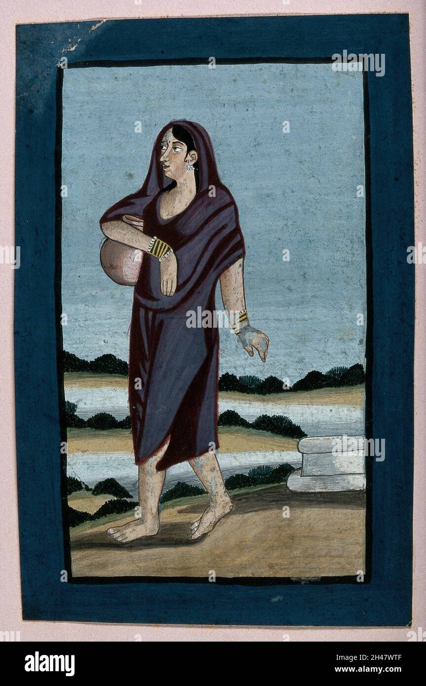 An Indian village girl with water pot. Gouache painting by an Indian ...
