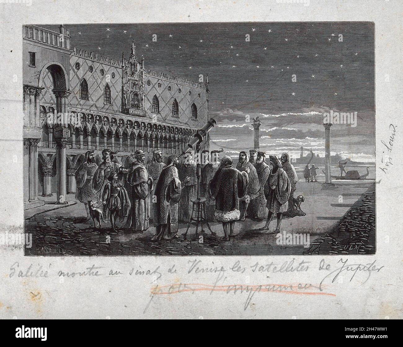 Astronomy: Galileo with his telescope in the Piazza San Marco, Venice. Wood engraving. Stock Photo