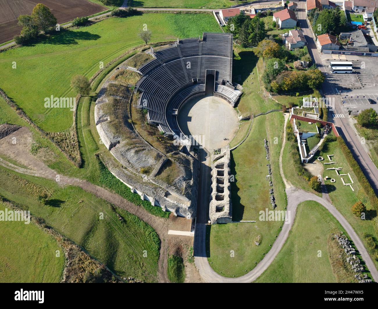 AERIAL VIEW. Archeological Gallo-Roman site of Grand. Vosges, Grand Est, France. Stock Photo