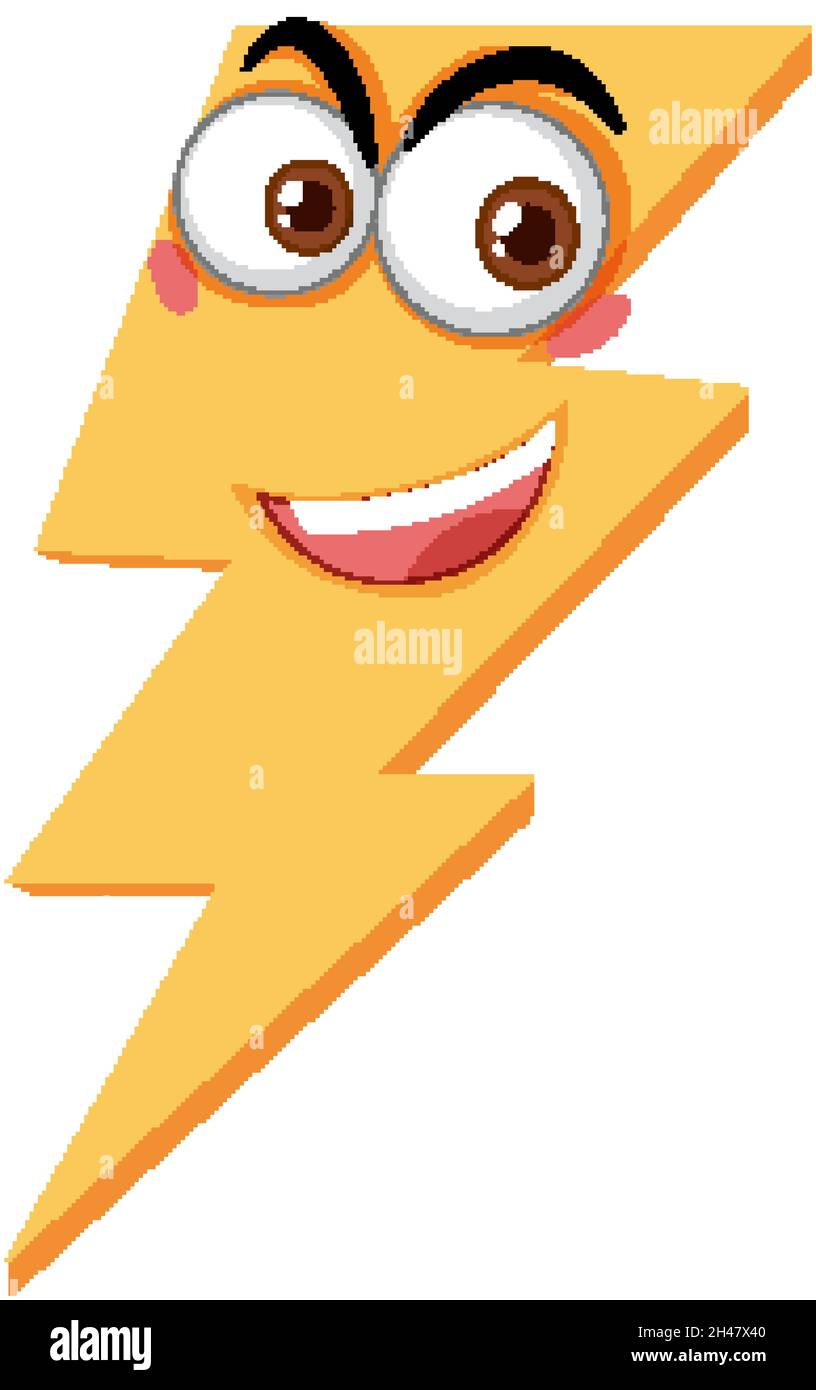 Lightning bolt cartoon character with face expression on white