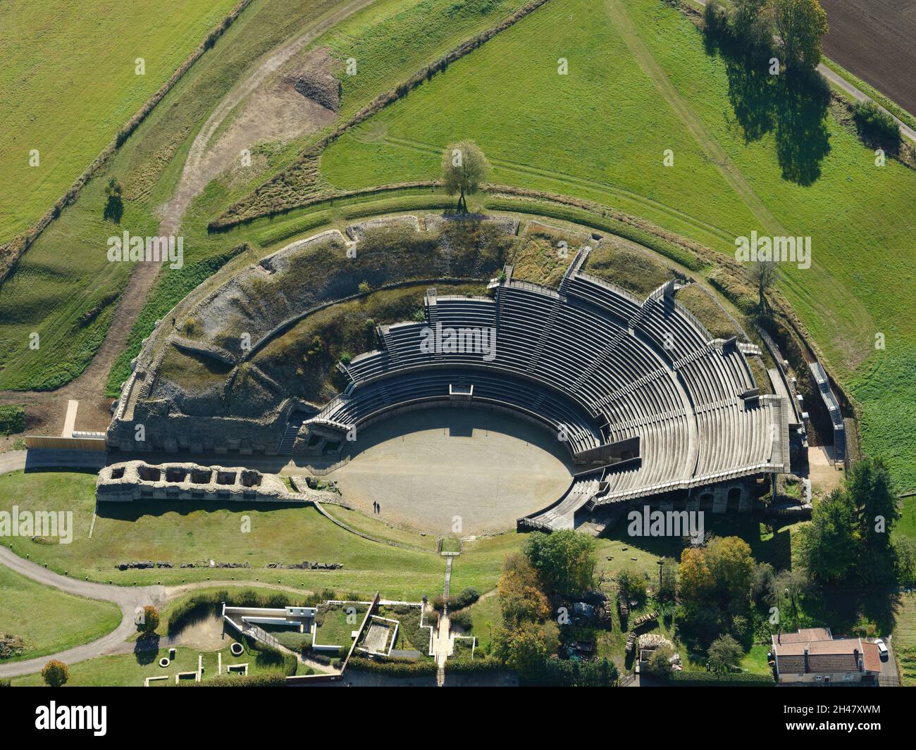 AERIAL VIEW. Archeological Gallo-Roman site of Grand. Vosges, Grand Est, France. Stock Photo