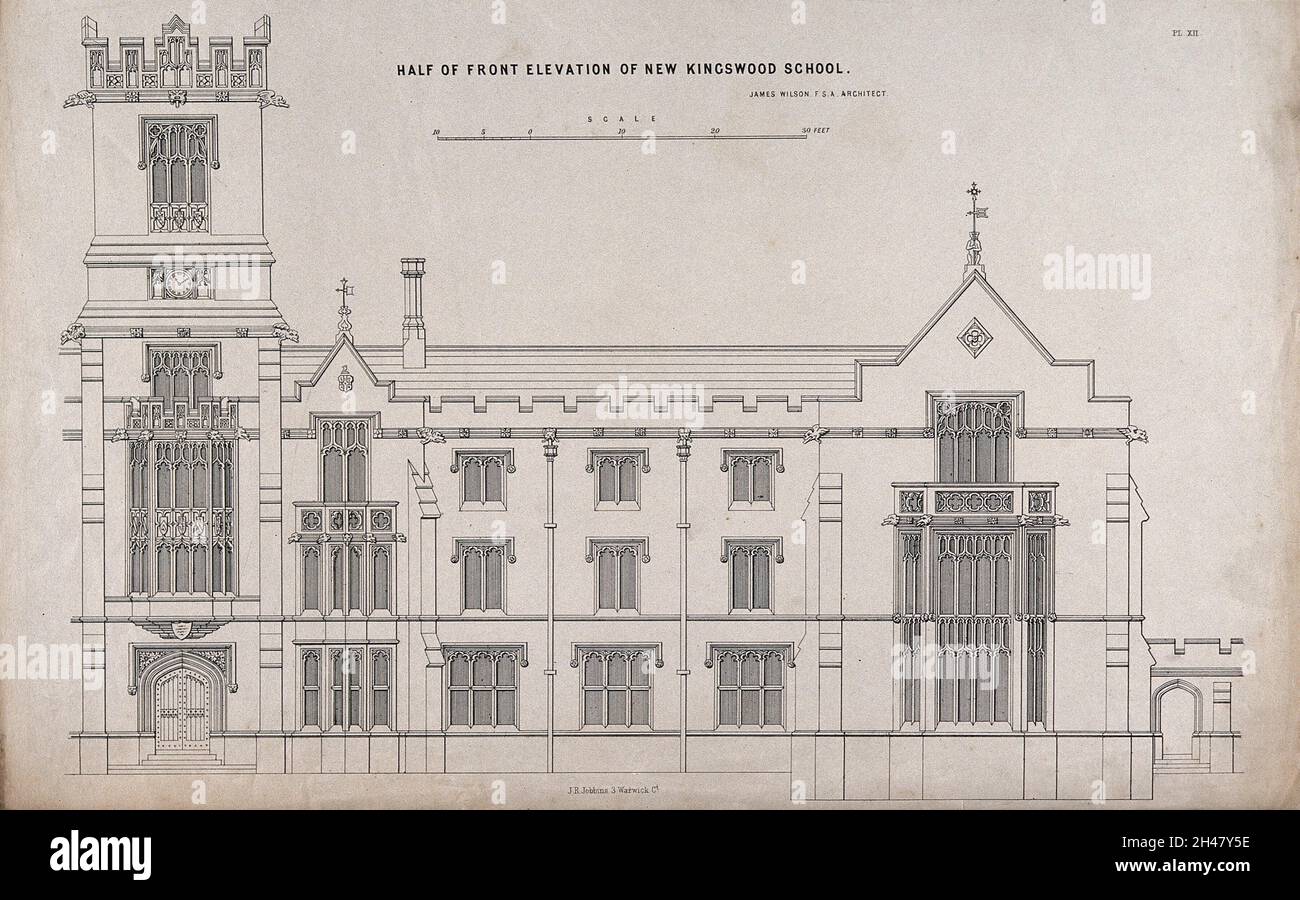 Kingswood School, Surrey front elevation. Transfer lithograph after J