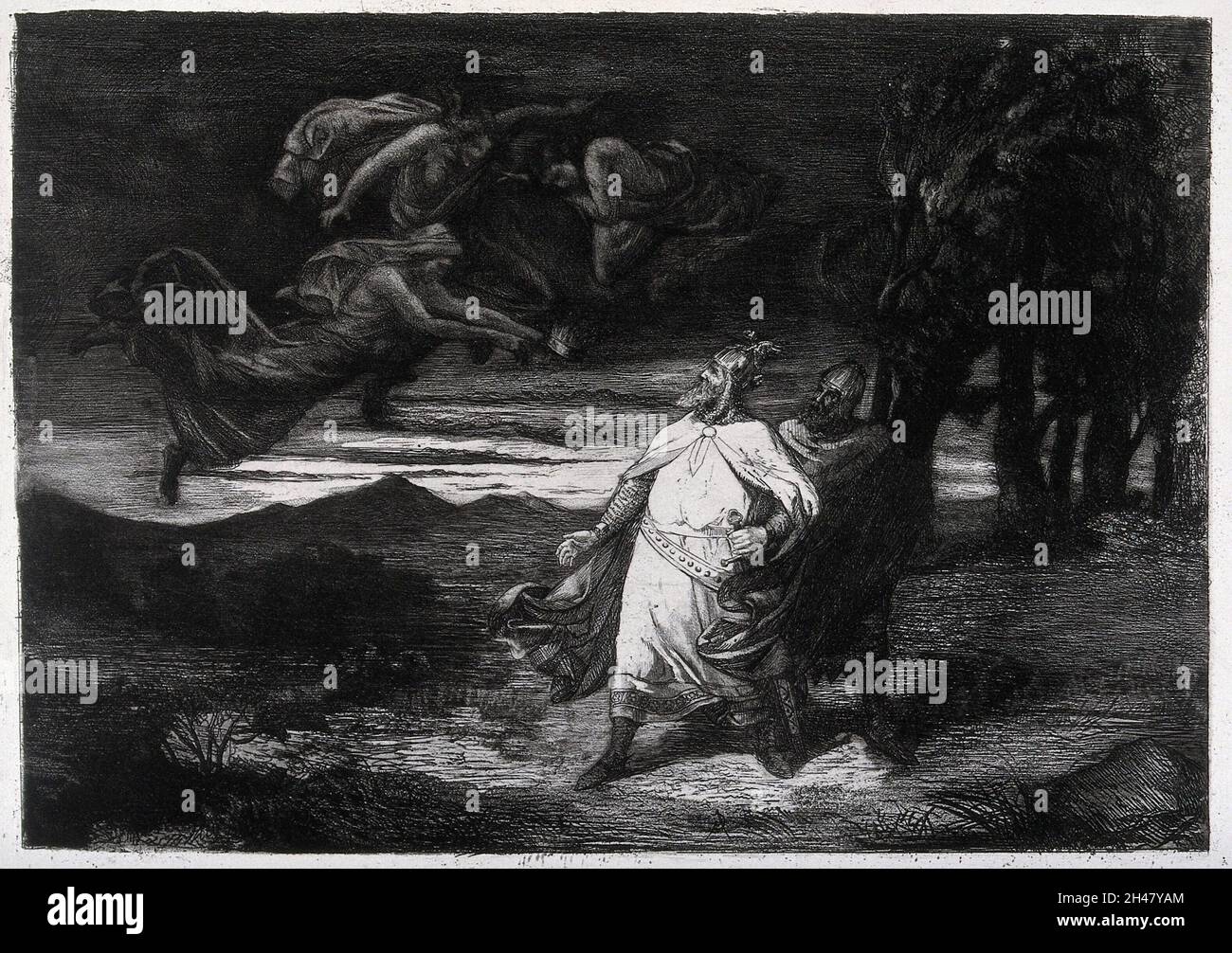 The three witches hover over Macbeth and Banquo (?). Etching Stock ...