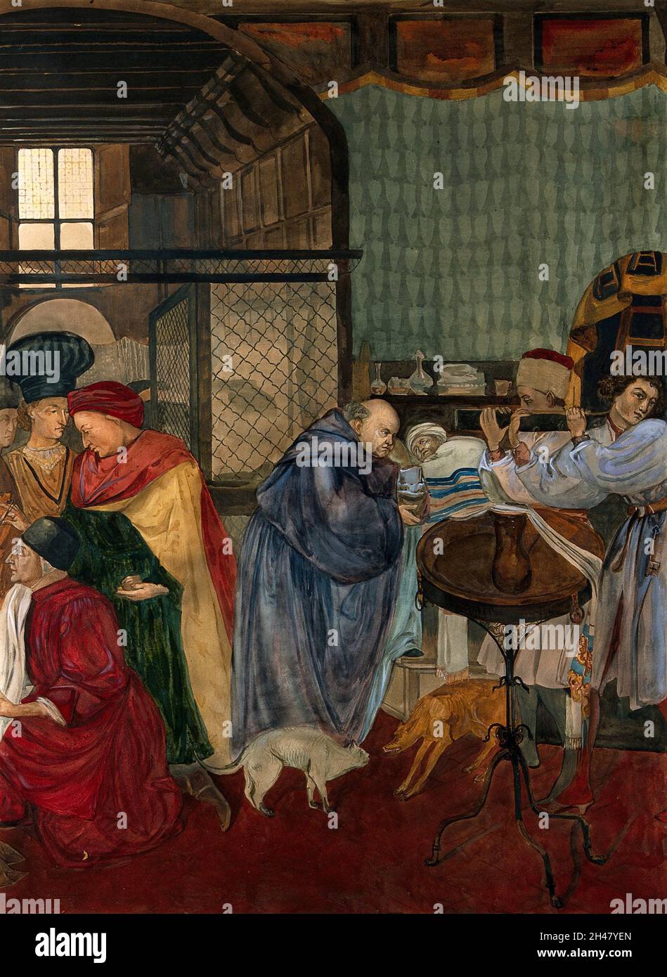 Hospital of Santa Maria della Scala, Siena: a monk receiving the confession of a dying man. Watercolour after Domenico di Bartolo. Stock Photo