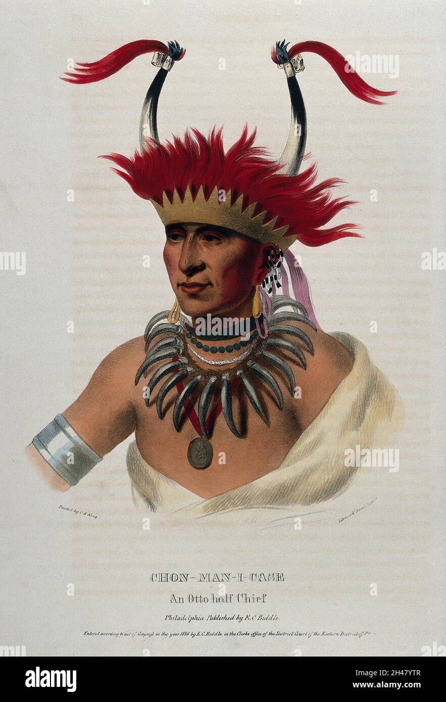 Shaumonekusse, a chief of the Oto (Otoe) tribe, wearing a crown hair piece with horns, a bear-claw necklace and a medallion. Coloured lithograph by Lehman & Duval after C. B. King, 1833. Stock Photo