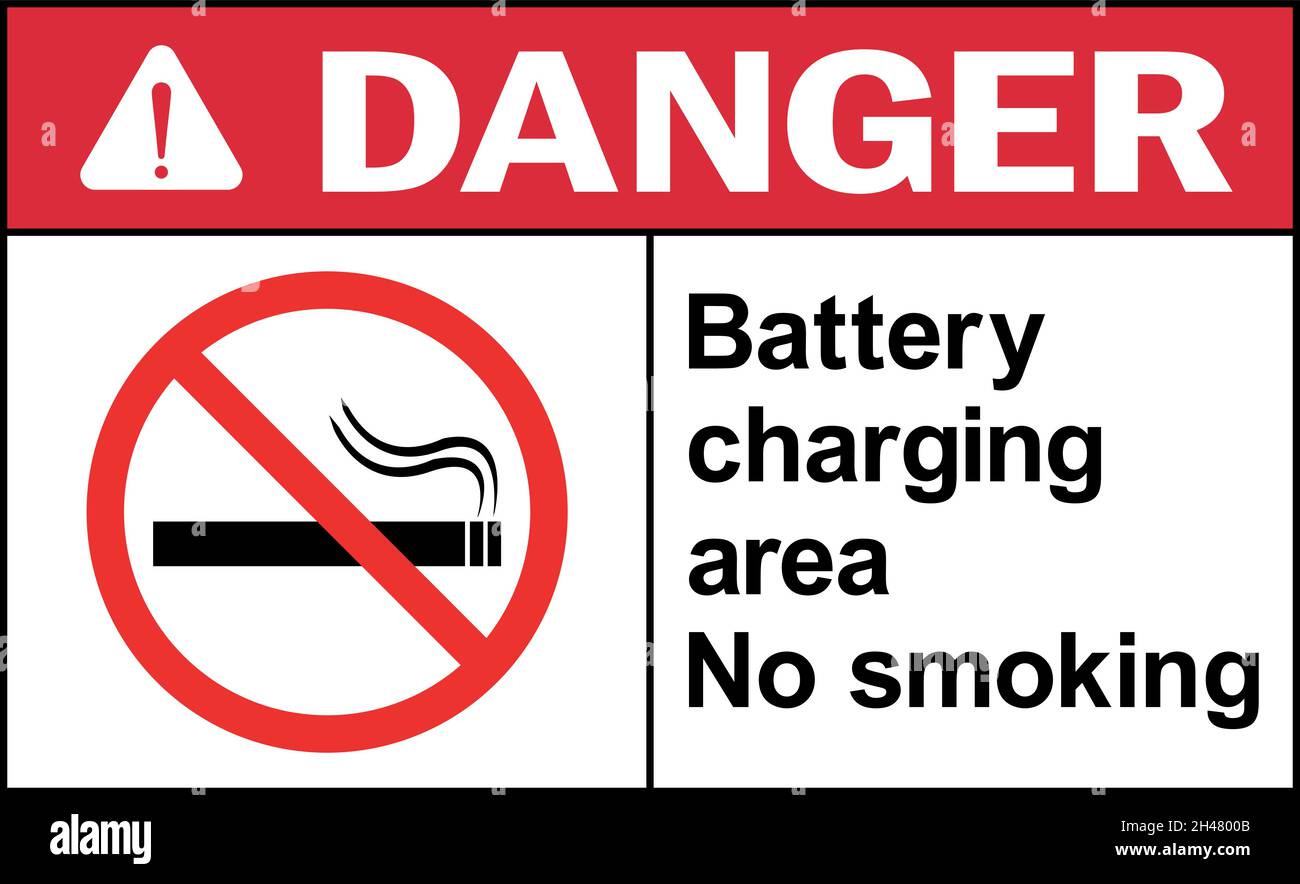 Battery charging area no smoking danger sign. Safety product signs and symbols. Stock Vector
