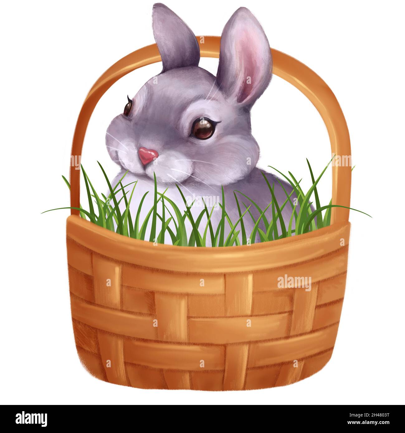 Easter basket with cute rabbit. Spring illustration isolated on white. Stock Photo