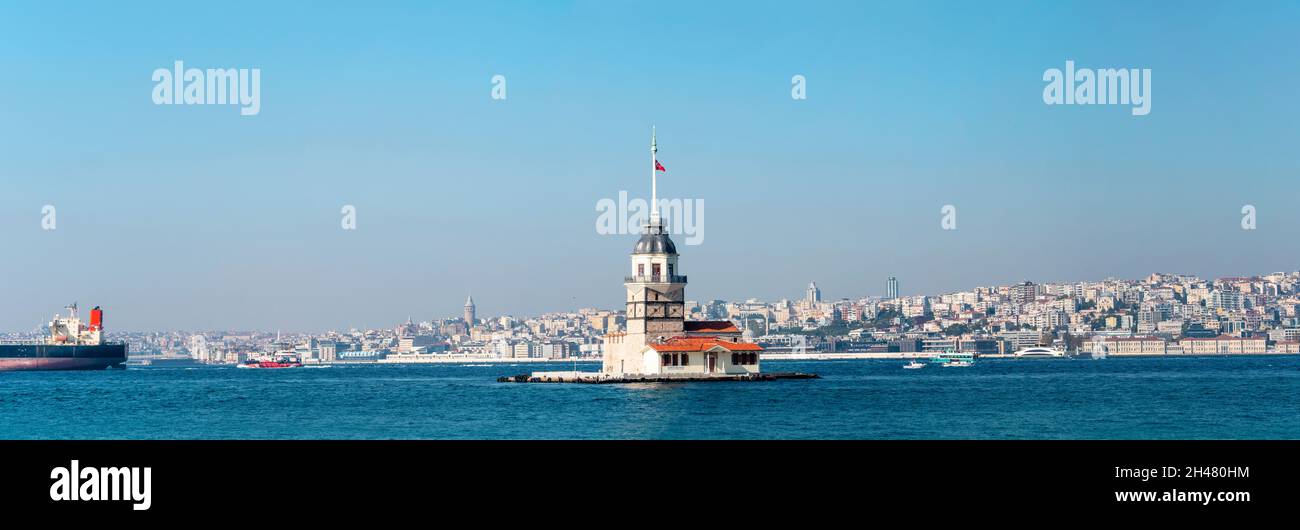 Amazing panoramic view of the Maiden's Tower or  Leander's Tower also known as Kız Kulesi. Sunny summer day in Istanbul. Panorama of Bosporus, Turkey Stock Photo