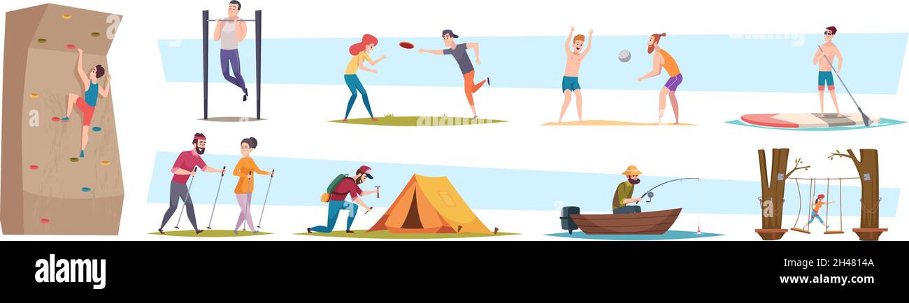 Outdoor active people. Adventure young person tourists hiking lifestyle sport active characters rest in park exact vector flat illustrations Stock Vector