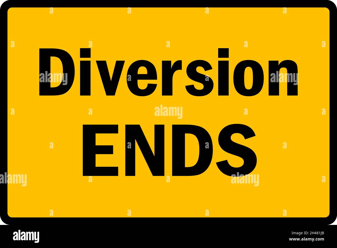 Diversion ends road sign. Black on yellow background. Traffic signs and symbols. Stock Vector