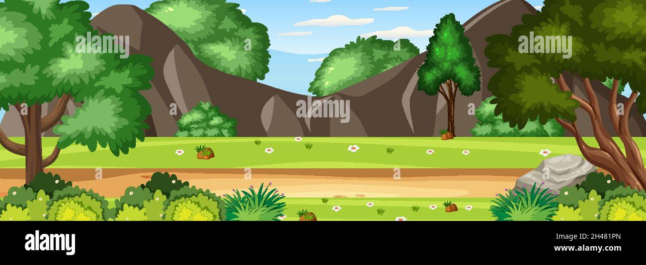 Panorama landscape scene with many trees in the forest illustration ...