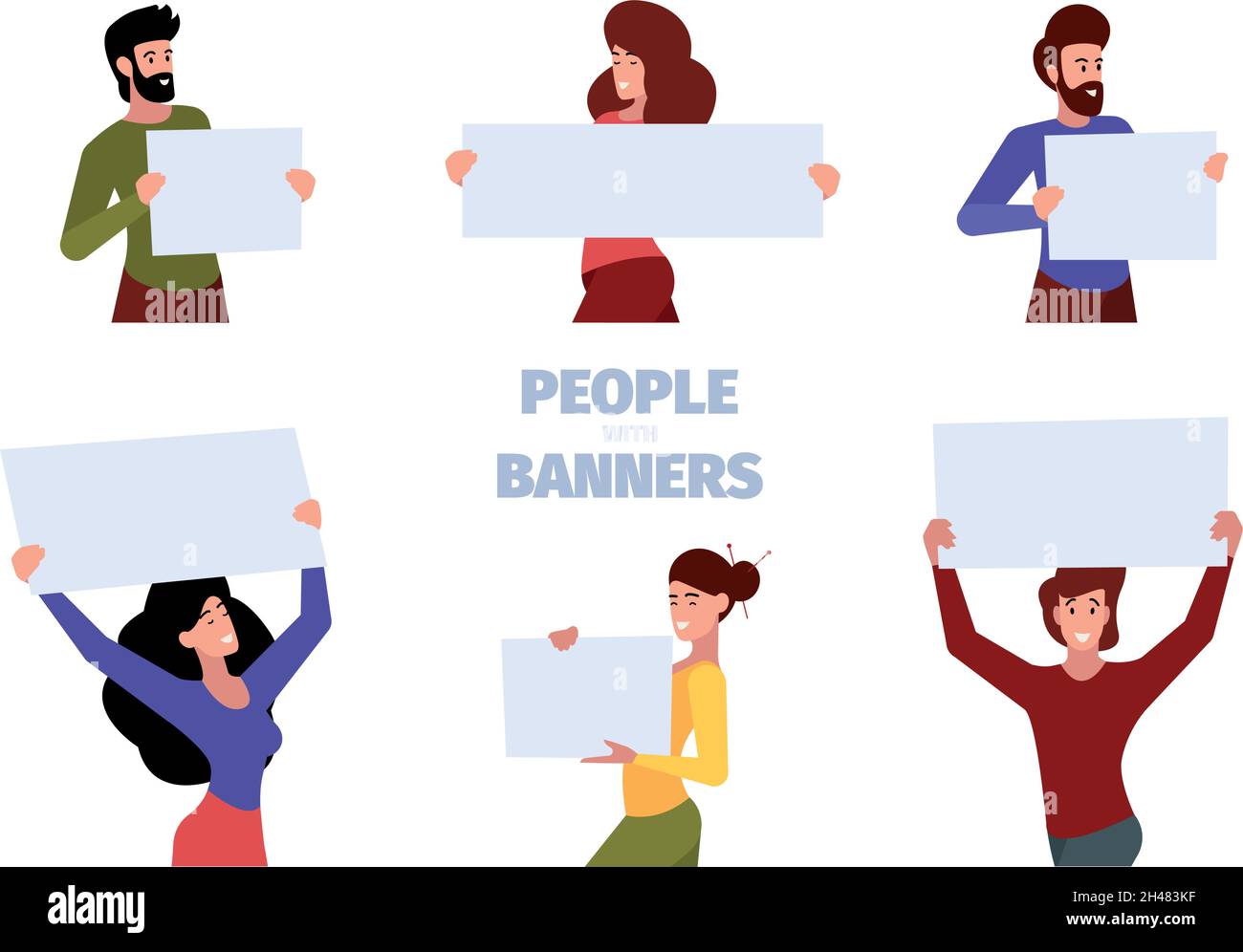 Characters holding banners. People standing with empty white ads ...