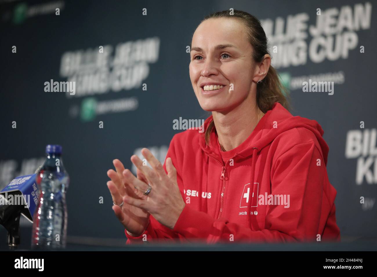 Martina Hingis, coach of Switzerland, speaks during a press conference ...
