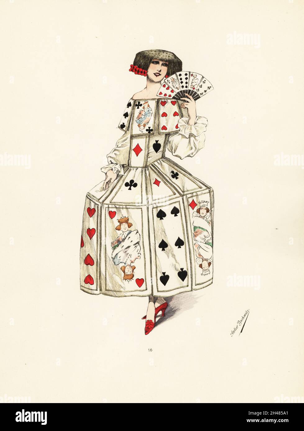 Woman in fancy dress costume as the game of cards with whalebone skirts, dress and fan embroidered with playing cards. Carte a jouer costume, style Infante, de satin blanc, cartes brodees, liserees d'or, corsage et jupe soutenus de balaines. Handcoloured pochoir lithograph from Le Carnival Parisien, Volume 10, a special edition of Chic Parisien, published by Atelier Bachwitz, Vienna, 1920. Stock Photo