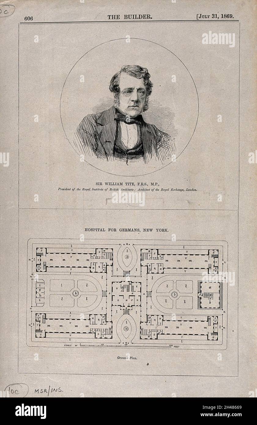 German Hospital, New York City: floor plan ; portrait of Sir William Tite. Wood engraving, 1869. Stock Photo