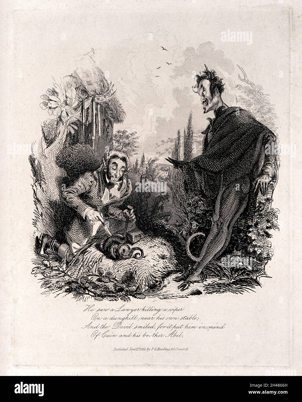 A lawyer sticking knives into a snake: the devil looks on. Etching