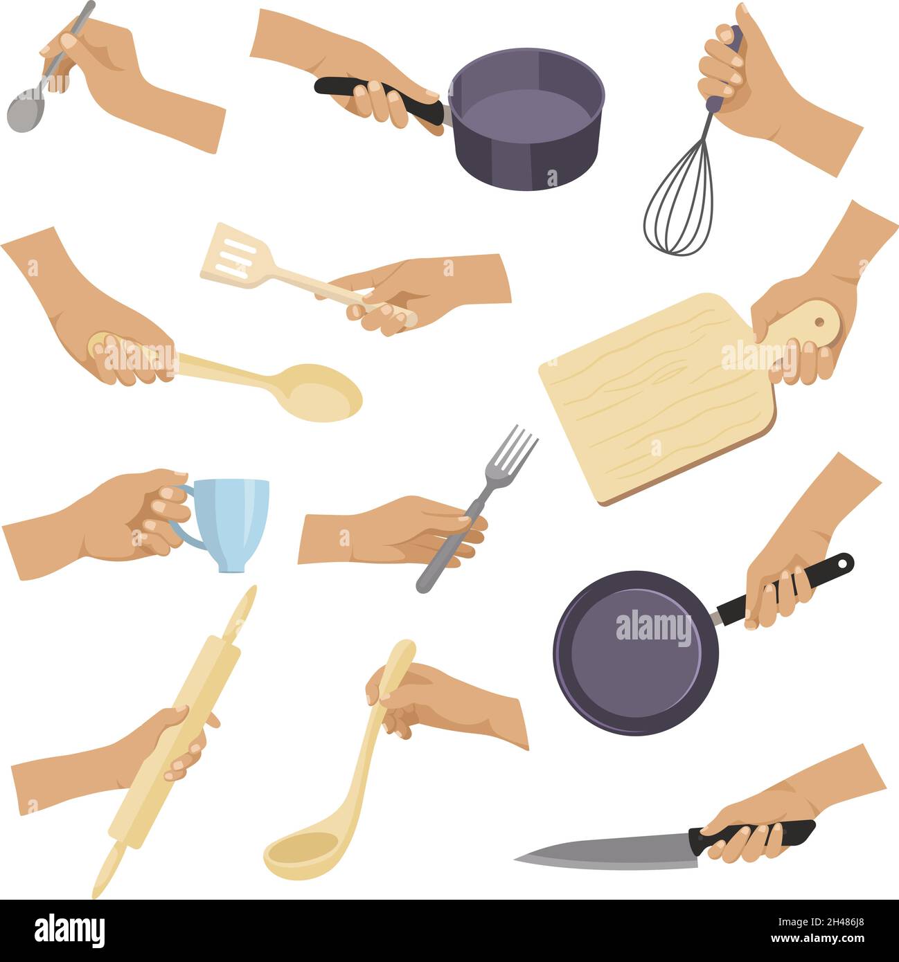 Kitchen tools. Hands holding various items for preparing products cuisine objects plates spoons forks pots recent vector flat illustrations Stock Vector