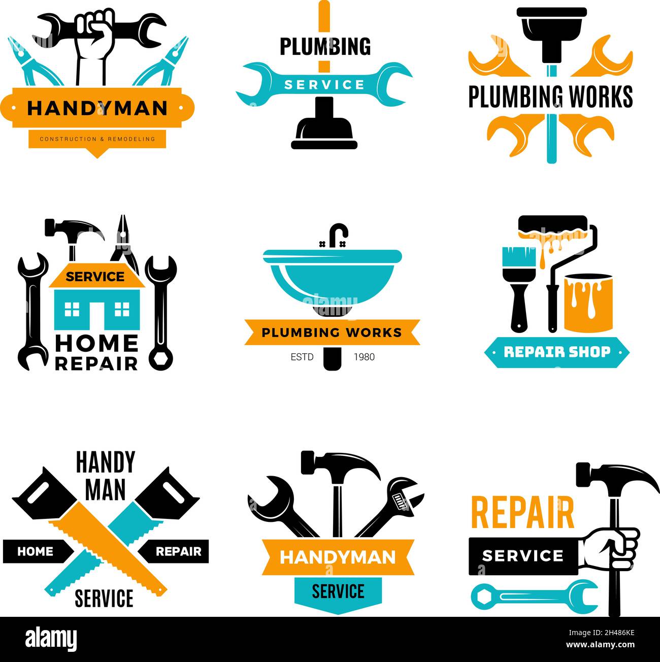 Plumbing badges. Home renovation logo handyman domestic bathroom repair