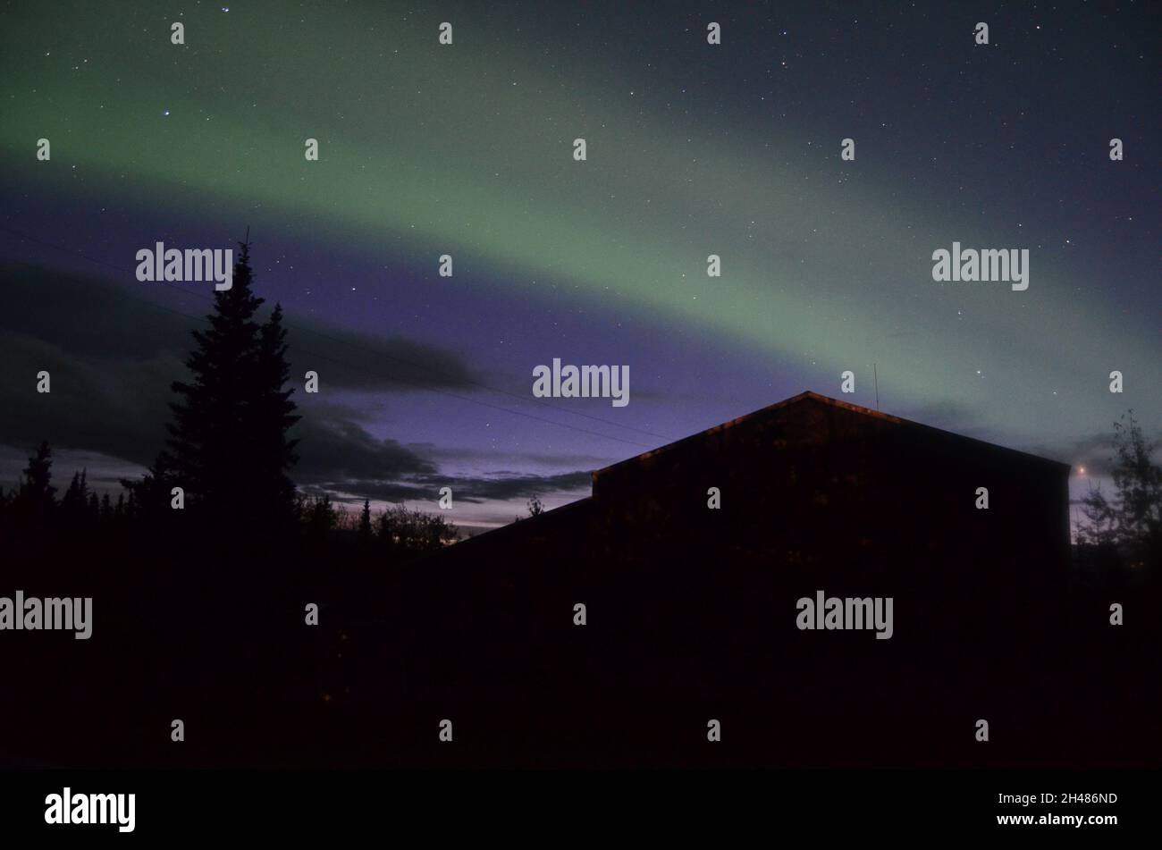 Aweinspiring polar lights above trees and buildings of Healy in Alaska, United States Stock