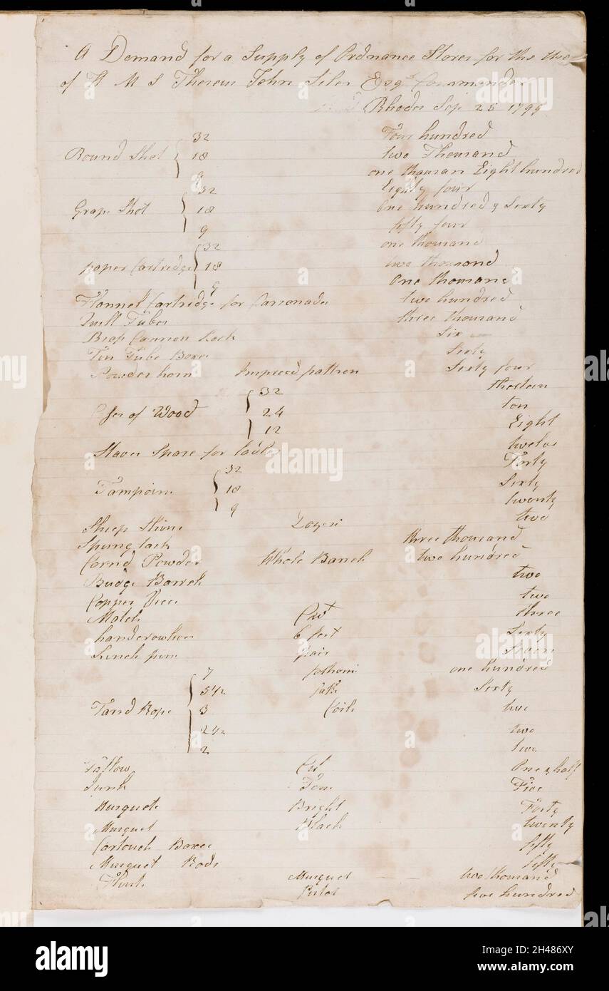 HMS Theseus: Request for ordnance stores, 25th Sept. 1799. - First side only, see L0048429 for second side Stock Photo