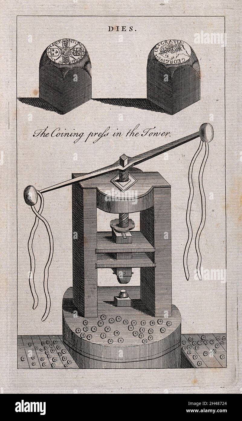 Coinage a coin press with dies, for minting coins, used in the Royal