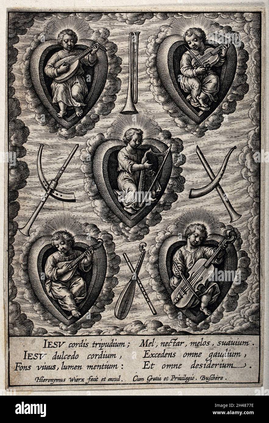 Musical Instruments In Jesus Time Christ playing musical instruments in the believer's heart. Engraving ...