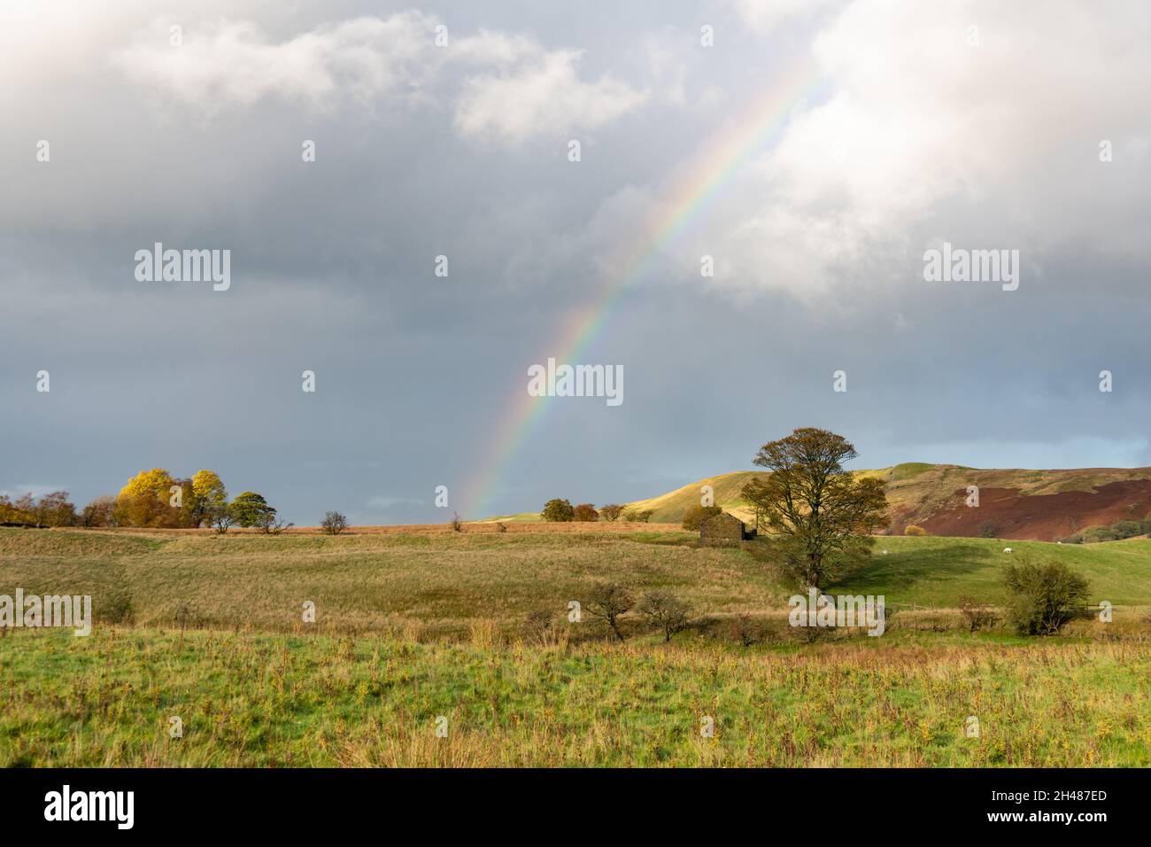 Cumbria landscape with rainbow - Mallerstang Dale near Pendragon Castle, Cumbria, England, UK Stock Photo