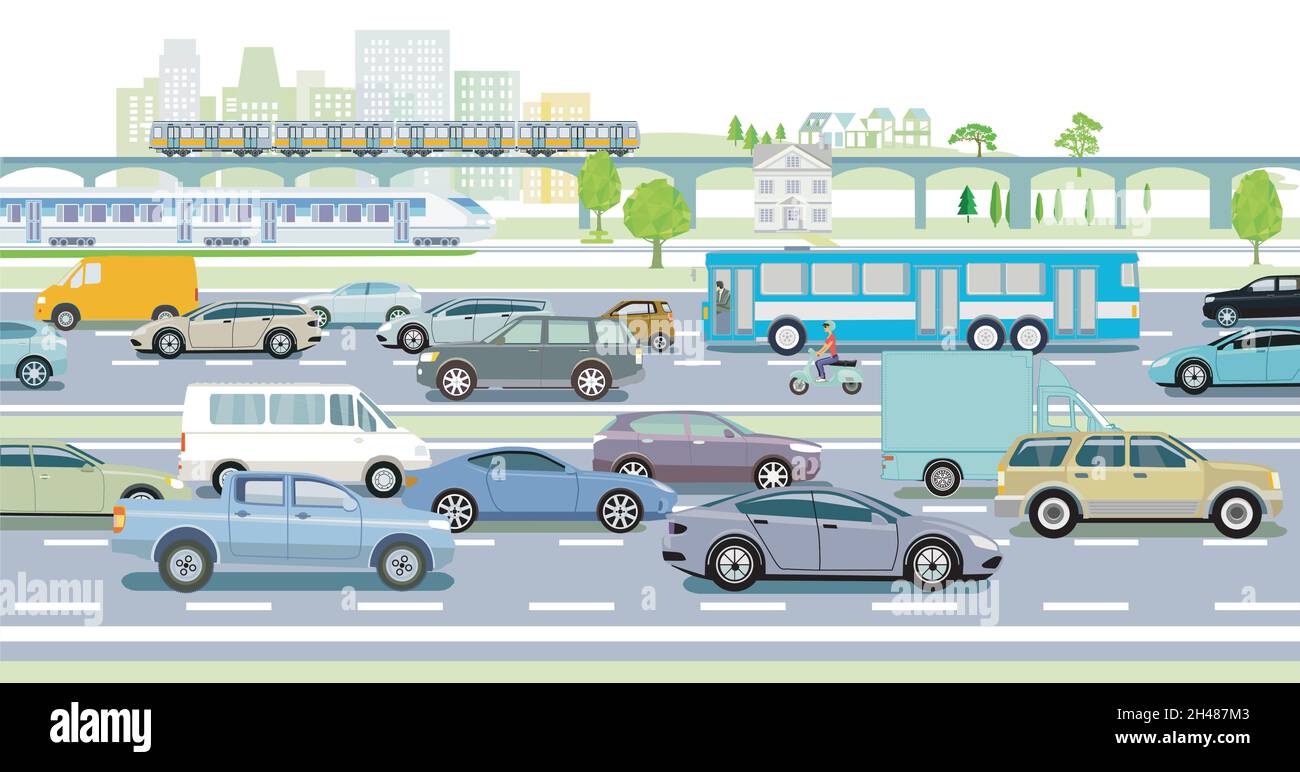 Motorway with express train, bus and passenger car Stock Vector Image ...
