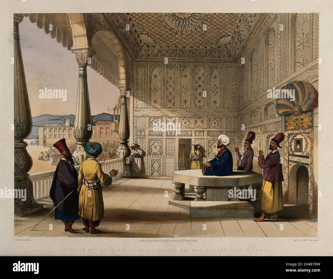 Men in the decorated palace of Shah Shujah Ool Moolk, Afghanistan. Coloured lithograph by R. Carrick after Lieutenant James Rattray, c. 1847. Stock Photo