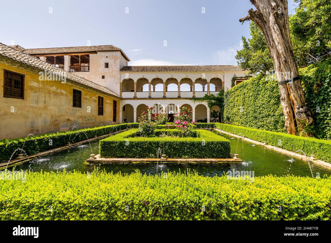 Generalife Moorish palace with green courtyard in Alhambra, Granada